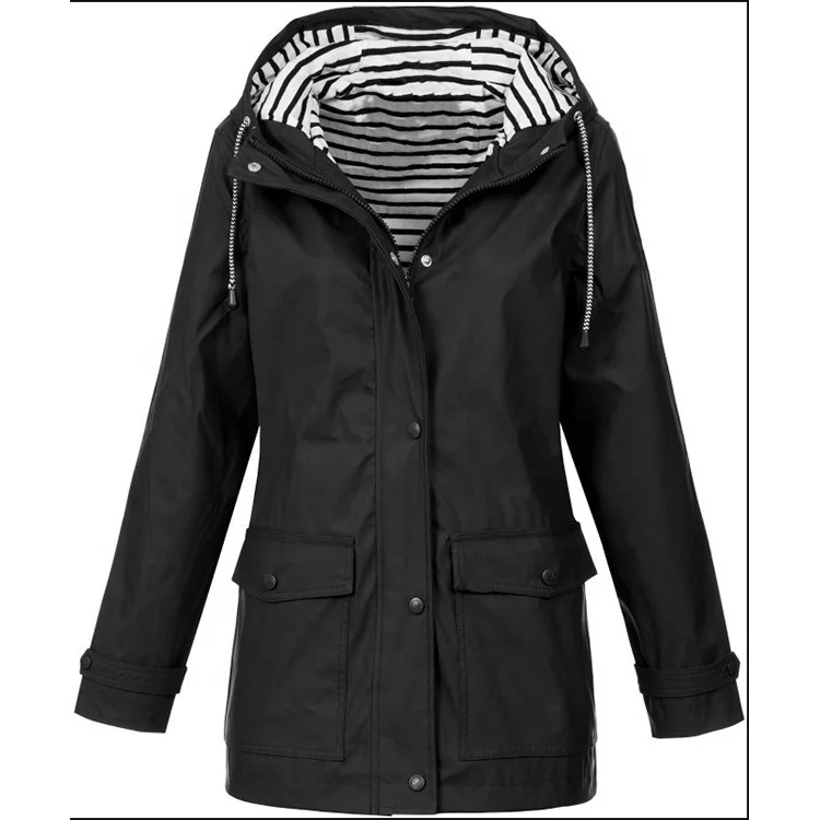 Women Lightweight Waterproof Outdoor Hooded Rain Jacket Plus Size Zipper Raincoat