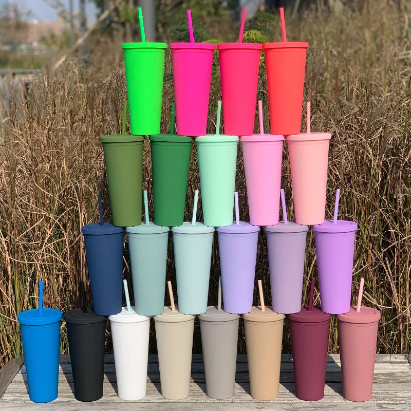 2022 new color double wall plastic 22oz straight skinny sublimation blanks tumblers cups with lids and straws