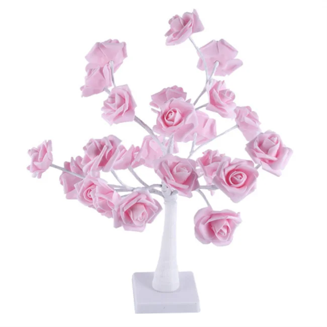 Battery Operated Christmas Artificial Tree Table Lamp Night Lights Pink Rose Flower Blossom Led Rose Tree Light For Home Wedding