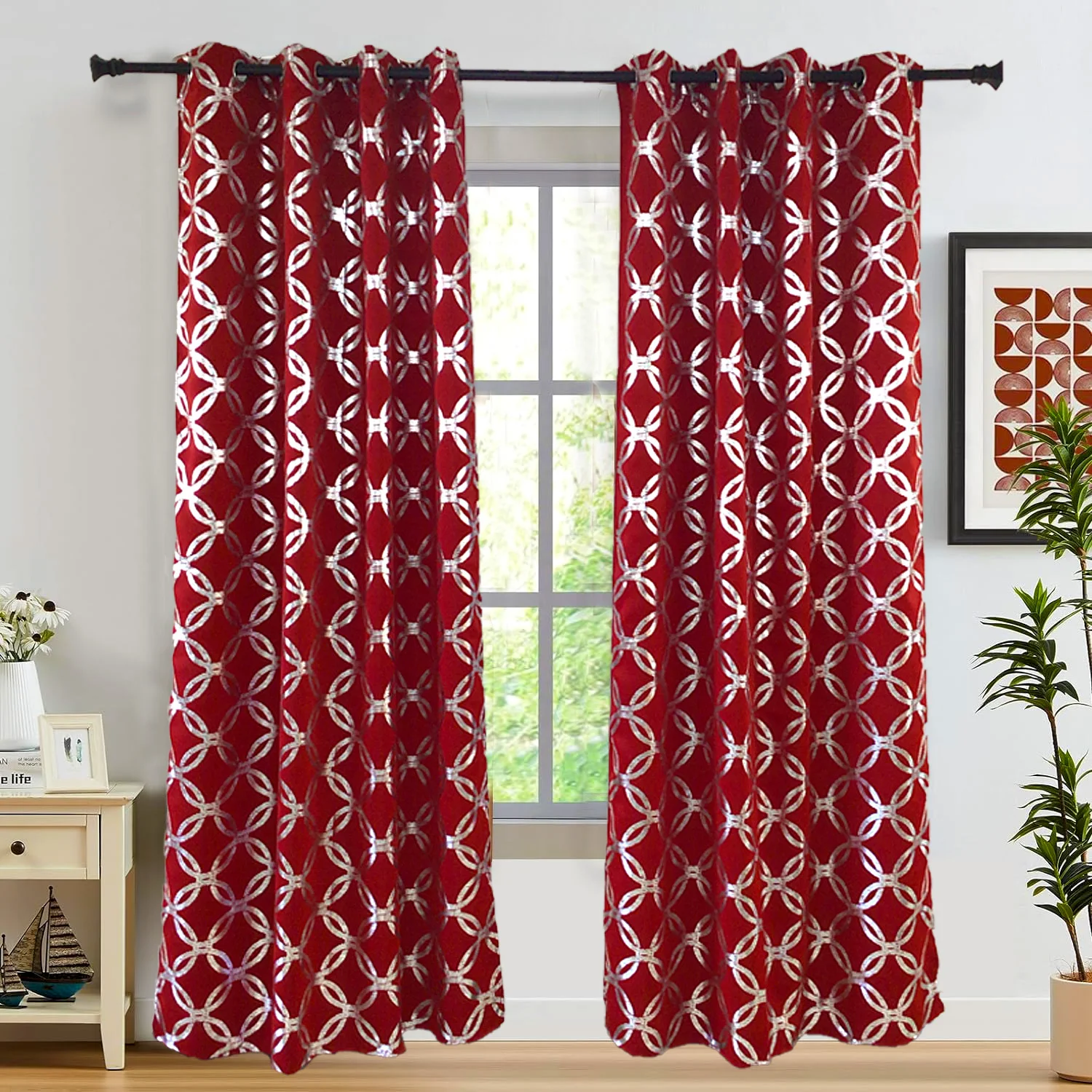 JA 52*84IN Moroccan Metallic Print Energy Efficient Thermal Insulated Curtains Red Blackout Silver Foil for Bedroom Living Room
