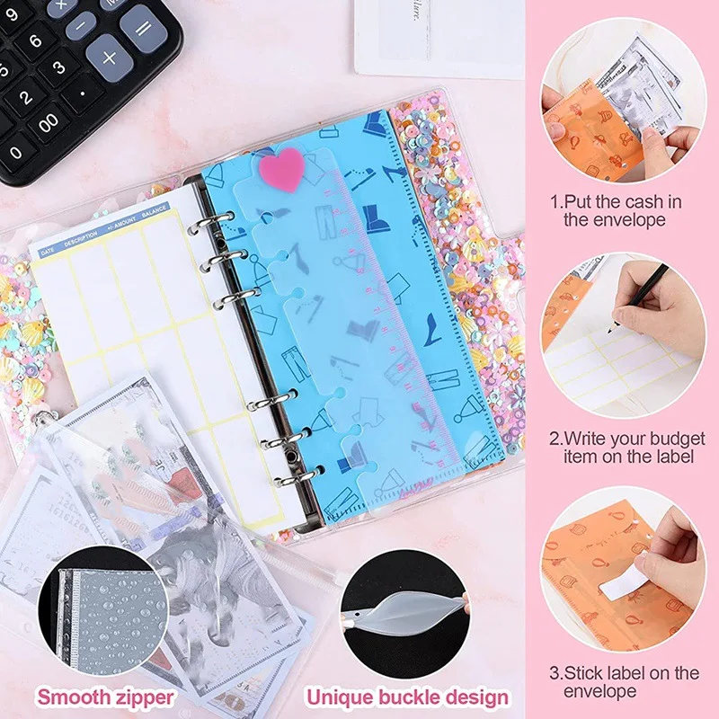 Joytop Custom Logo Clear Pvc 6 Ring Glitter Sequins Binder A6 Cash Envelope Budget System Binder