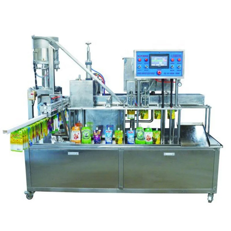 Automatic oil ketchup juice liquid powder doypack standup bag sealing and capping spout pouch filling machine
