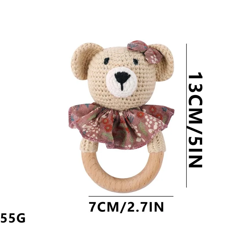 Handmade crochet  Bear with bowknot Rattles baby toys animal shape teething crochet toy with beech Wood Ring