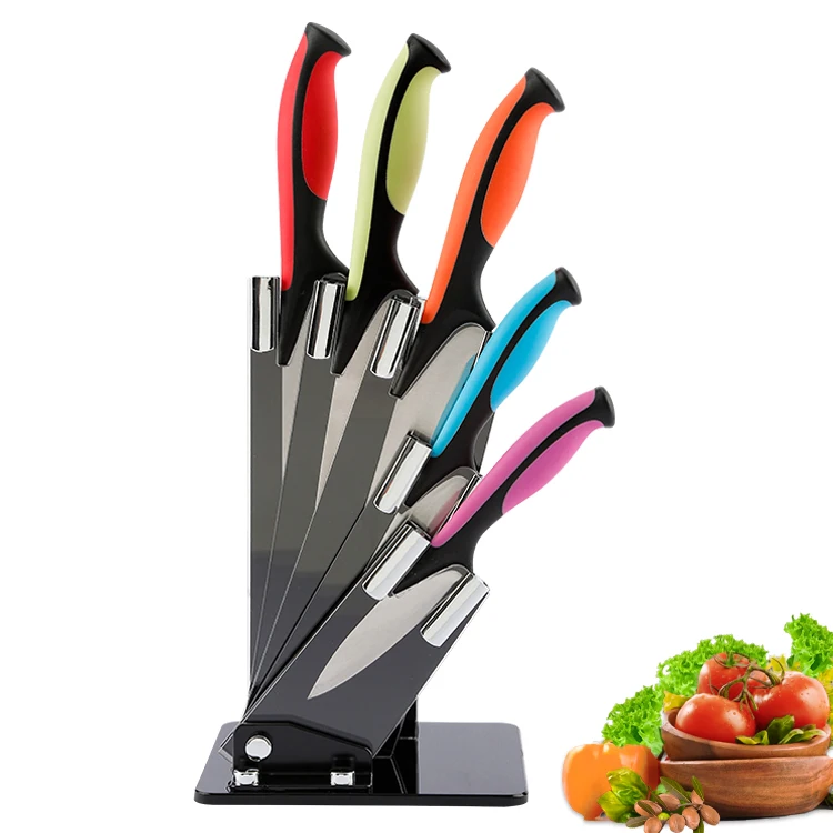 Professional PP & TPR Handle 5 Pieces Non-stick Blade Stainless Steel Cook Cutter Kitchen Knife Set With Acrylic Stand