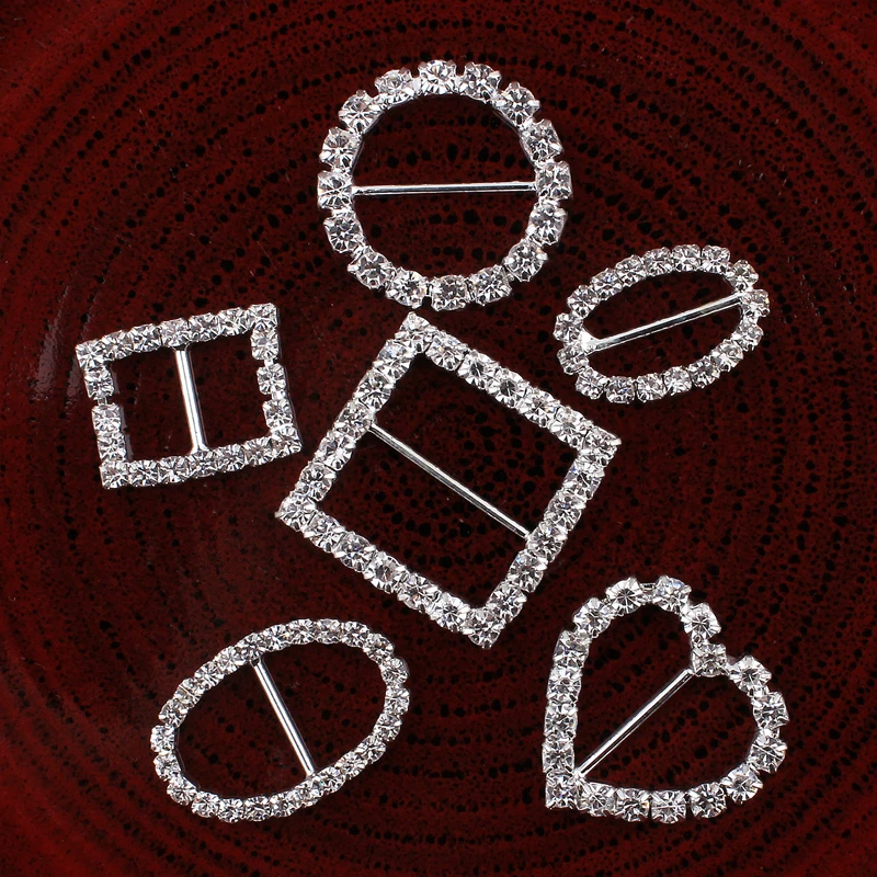 Rectangle/square/round/oval/heart Bling Metal Rhinestone Buckles Sliders For Clothes Clear Crystal Ribbon Buckles