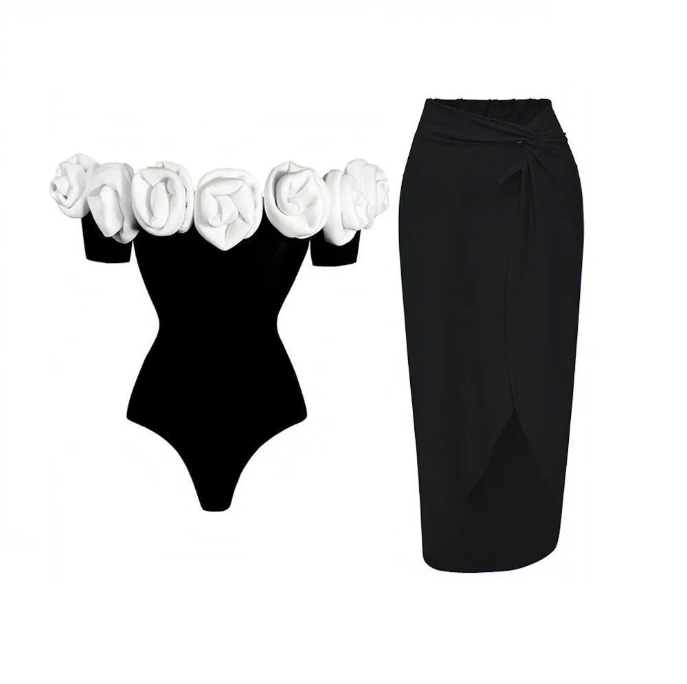 2024 One Piece Swimwear Plain Sexy Off Shoulder Swimsuit with 3D Flower for Women