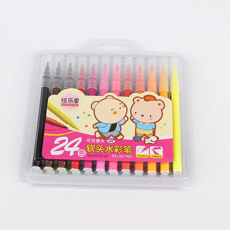 24 Colors Non-Toxic Ink Soft Felt Kid Art PVC Blister Brush Color Marker Washable Water Color Pen