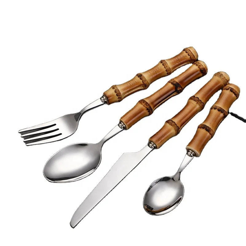 
4pc handmade forged bamboo cutlery set with salad server fork and spoon handcraft luxury bamboo handle silverware set 