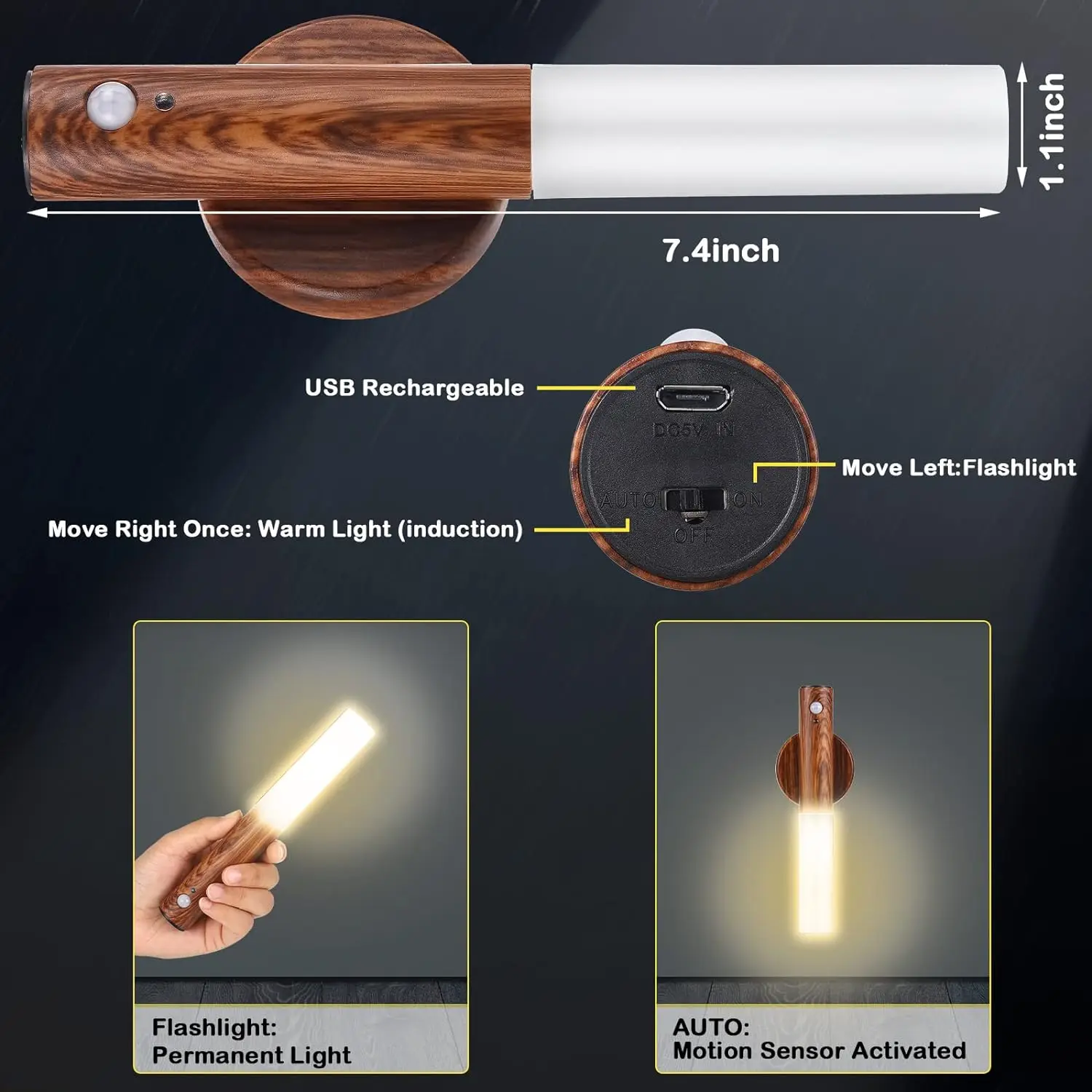 USB Rechargeable LED Motion Sensor Night Light Magnet Body Sensor Wall Sconce for Hallway & Stair Portable Nightlight Camping