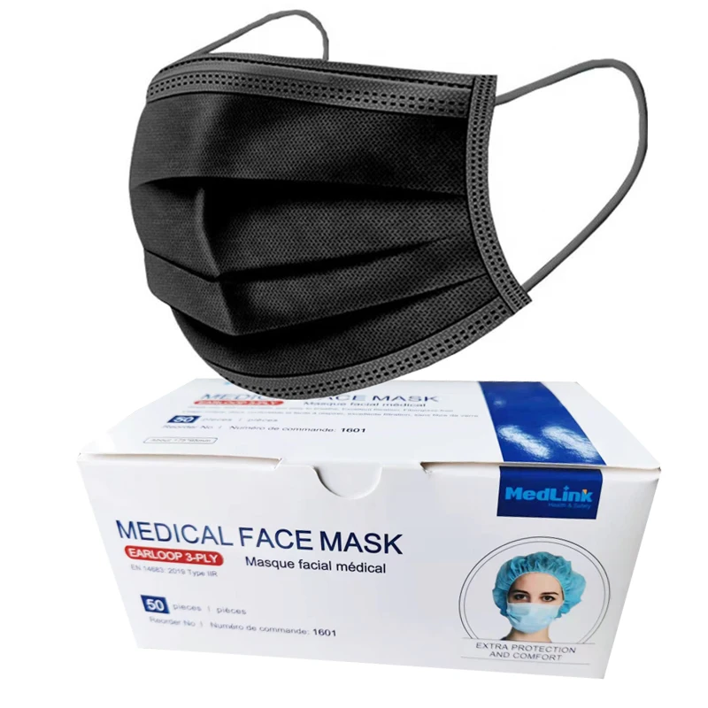 Ear Loop Masks Dispos Medic Face Mask 3Pli New Marsk Disposable Box 50 Black 3 Ply Facemask