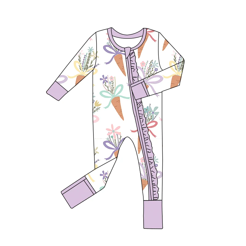 Hot Sale Cheap Factory Price Kids Clothing Bamboo Fabric Ruffled Concealed Zipper Long Romper Soft Baby Winter Pajamas