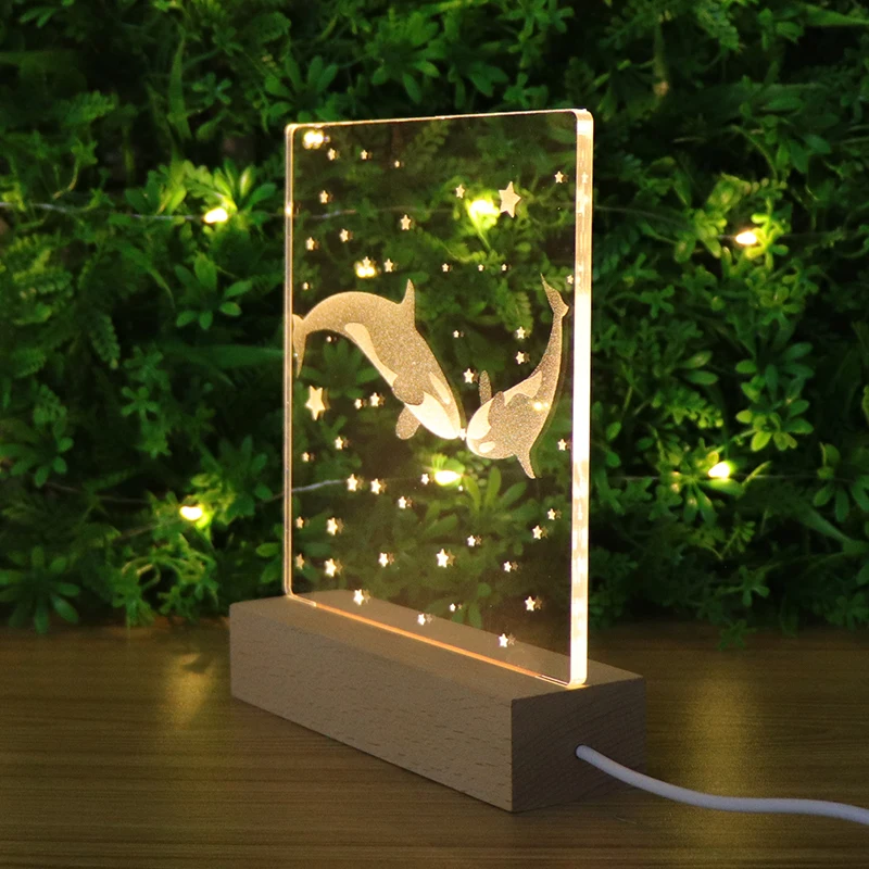 New Design For Child Acrylic Carved Inside 3D Wooden Night Light LED Base With USB Charge Mood Lamp