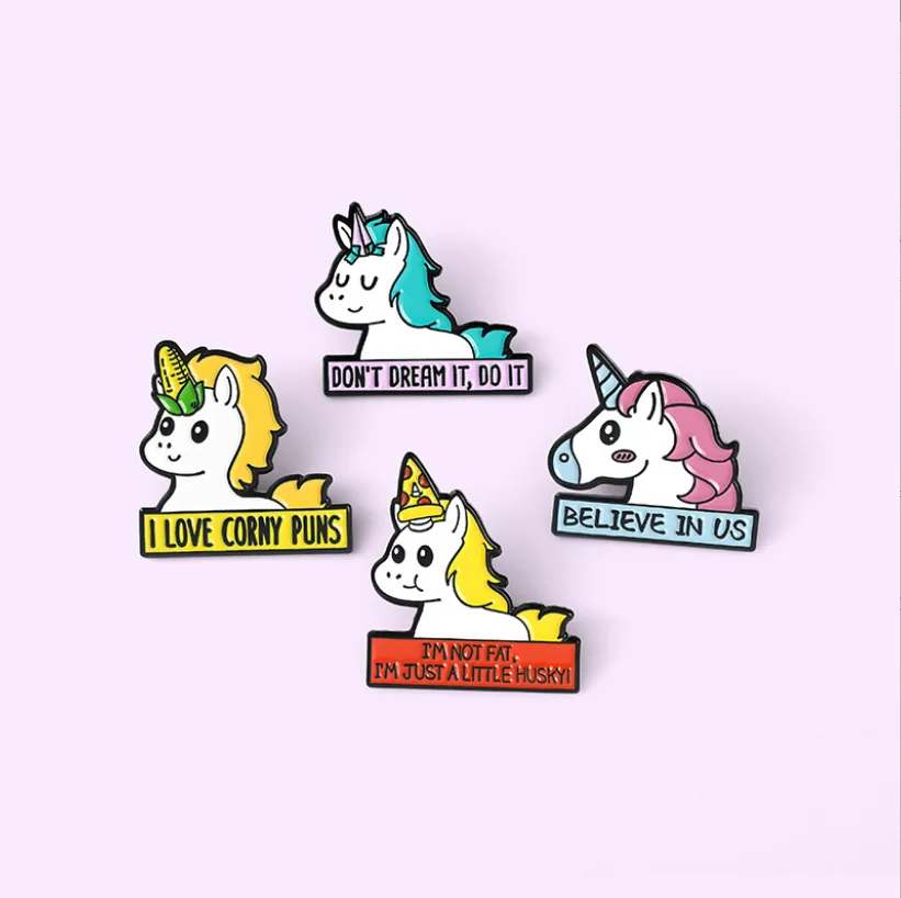Hard Metal Badges Wholesale Custom Brand Name 3D Letters Words Logo Soft Enamel Cute Unicorn Letters Lapel Pins for Gifts