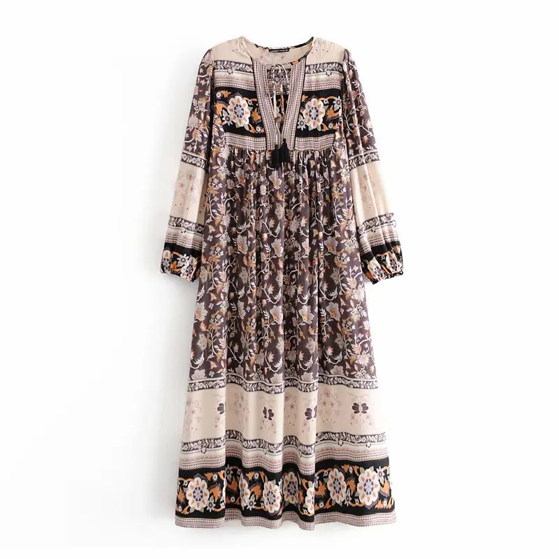 New design long sleeve floral printing dress women casual bohemian style rayon clothing Brown Dress