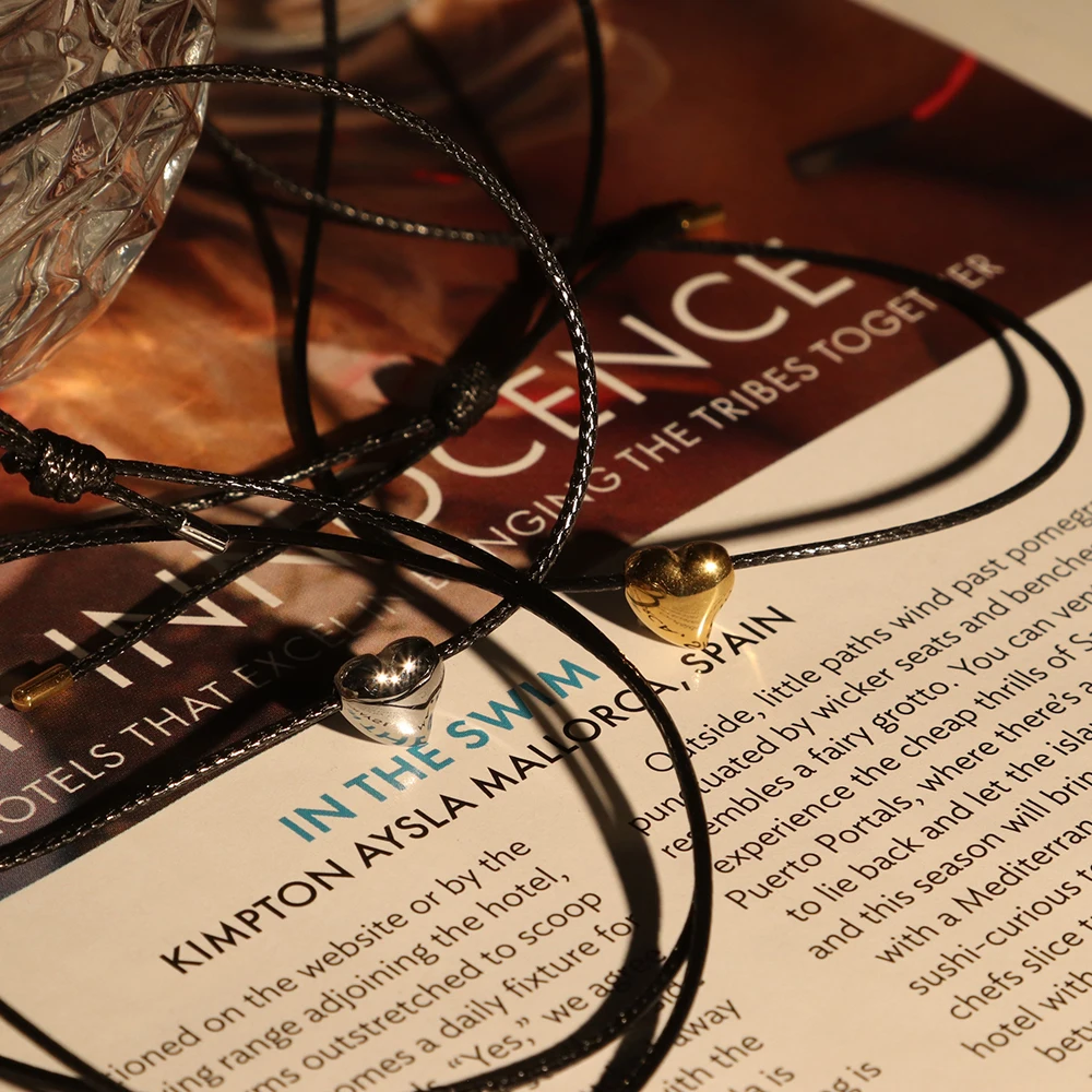 Chris April 316L stainless steel  hand crafting wax rope hollow heart charm chain necklace