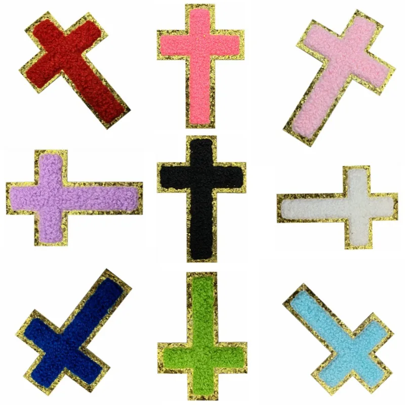 ZSY Wholesale small jesus patches iron on gold glitter white pink chenille embroidery saint cross patches for shirt hats