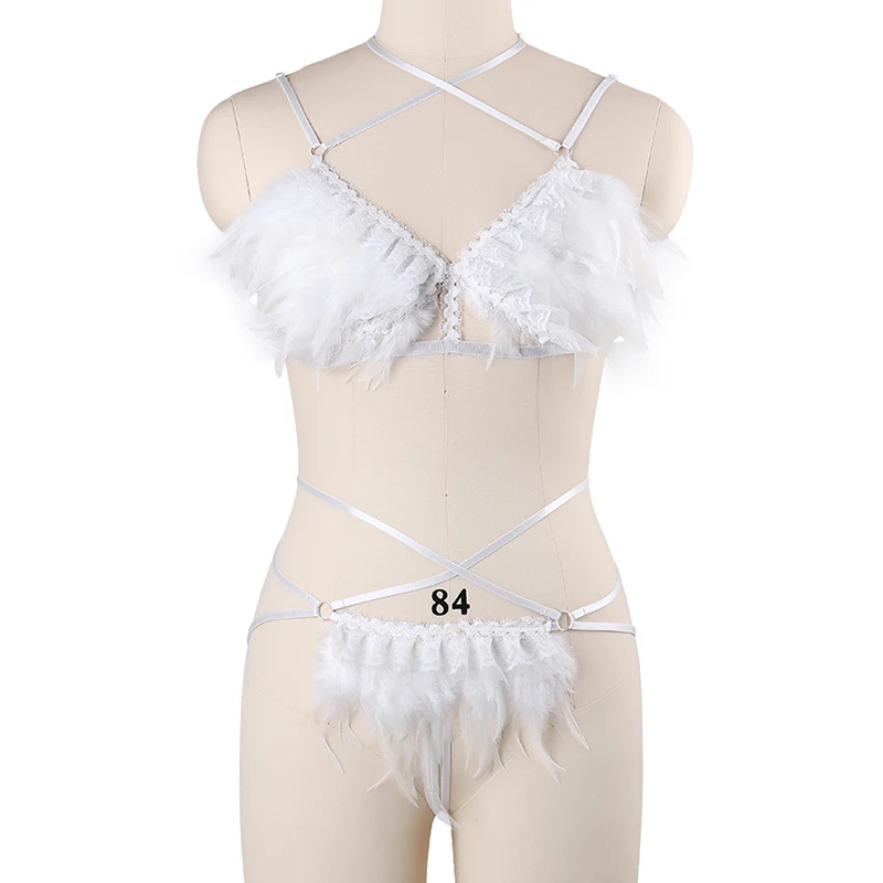 Custom Designer Fancy White Feather Bra And Thong Set Erotic Exotic Festival Dancewear Party Dance Rave Outfit