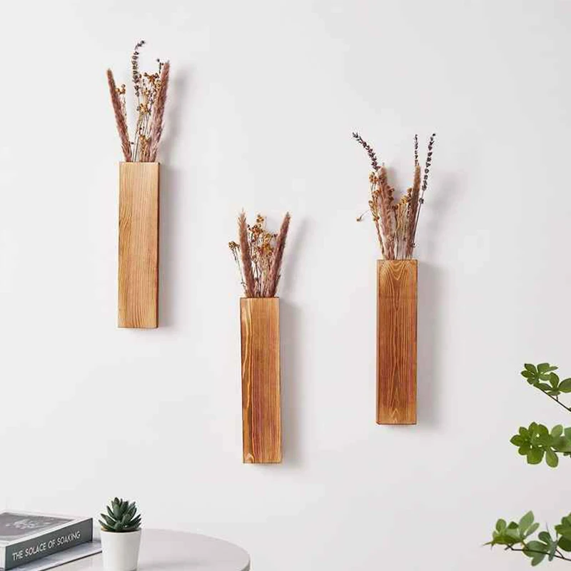 Custom Indoor Rustic Decorative Wooden Wall Hanging Planter Flower Vase for Home Decor