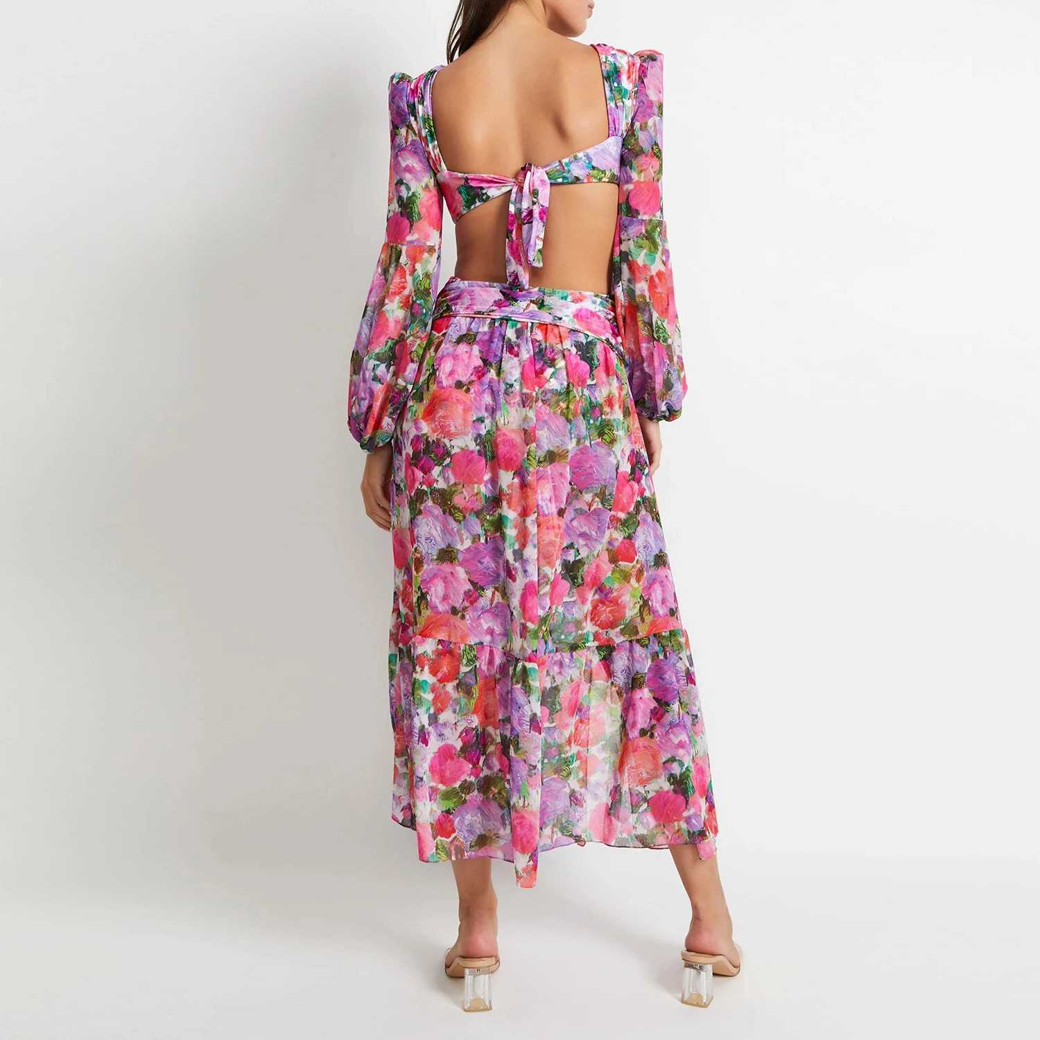 summer fashion puff long sleeves v-neck high slit floral dress summer dresses women casual