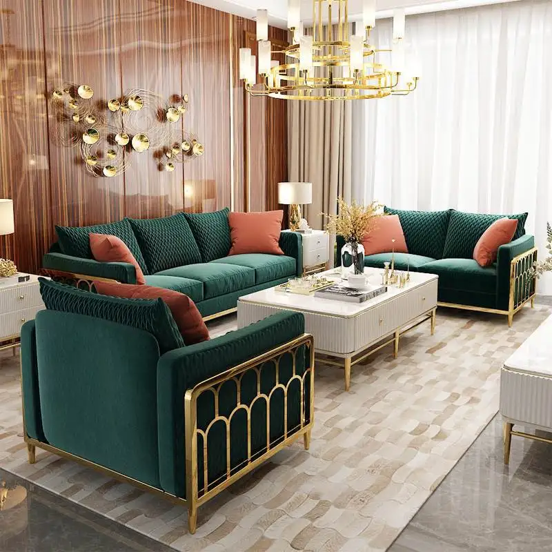 Modern living room sofas 1 2 3 seater Wedding furniture Golden Steel Arm velvet Light Luxury fabric sofa set with metal frame