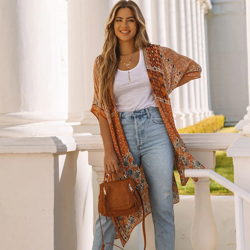 Summer Floral Loose Open Front Beach Cover Ups Tops For Women Long Chiffon Kimono Cardigan