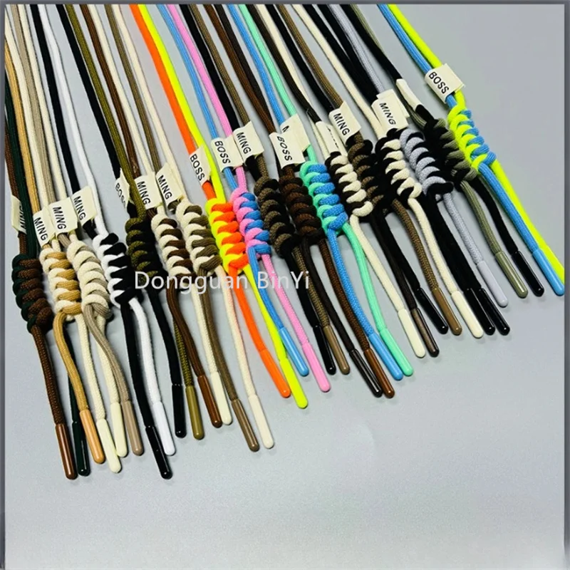 1000 Colors Wholesale 10MM Customized Metal Tips Flat Braided Drawcord Polyester Round Rope With Plastic Tips For Pants