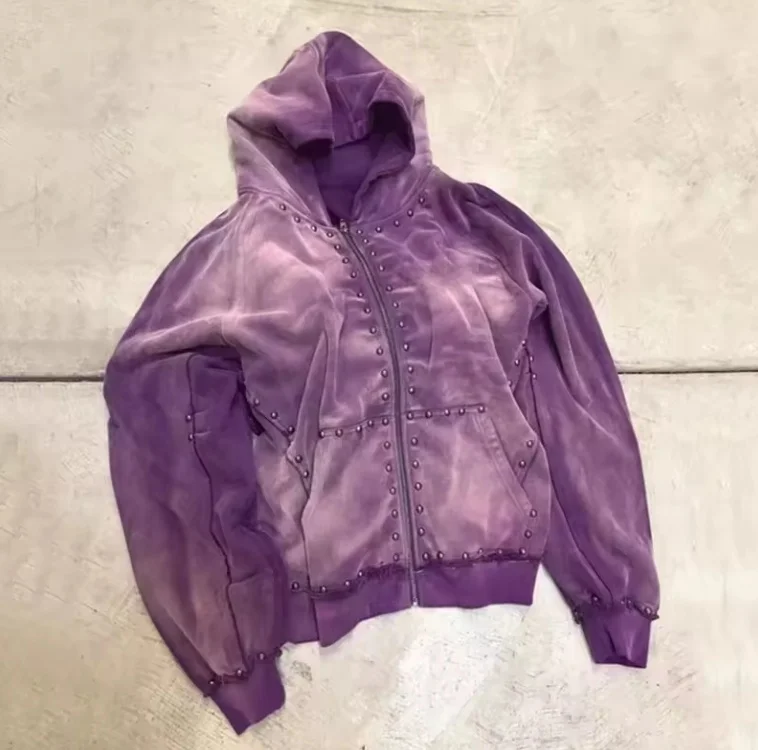 Custom Streetwear Heavy Weight Cotton Hoodies Oversize Rivet Zipper Blank Acid Washed Vintage french terry  Hoodie Men