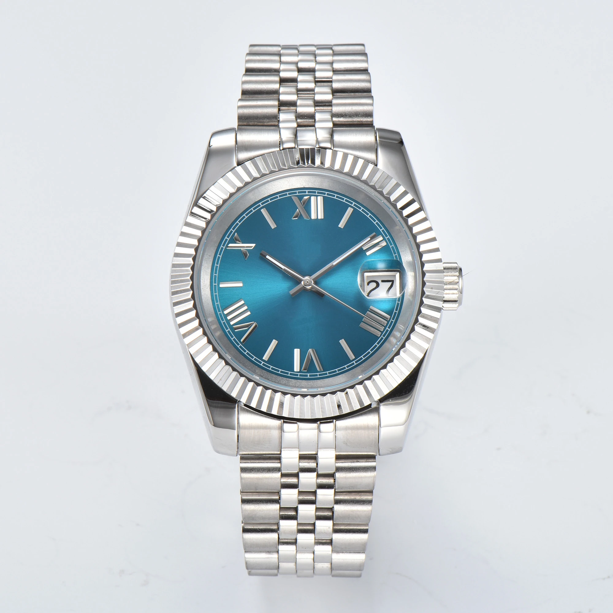 NH35 Watch Luxury Blank Roman Numerals Dial Automatic Movement Magnifier Waterproof Wristwatch Full Gold Custom Logo