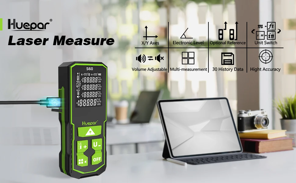 Huepar S120-G Metro Laser Msasure Distance Meter 393 Feet Green Point Pockets For Easy Carrying