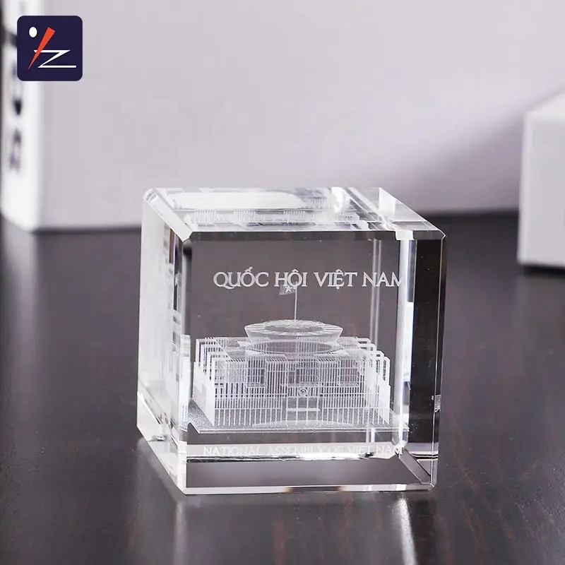 High-end Office Desktop Decoration Customized Building Model 3D Laser Engraved Crystal Cube