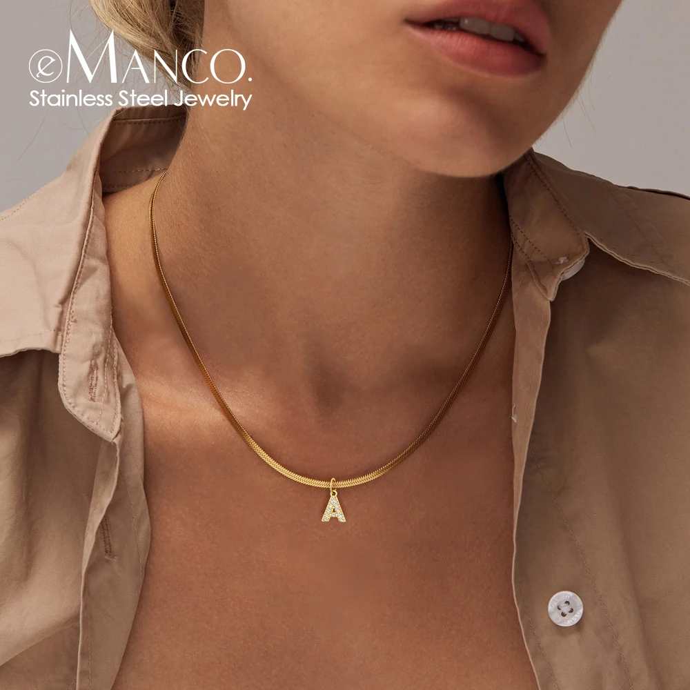 eManco Stainless Steel Diamond Initial Pendant Necklace Round Snake Chain Flat Snake Chain O Fine Chain Necklace
