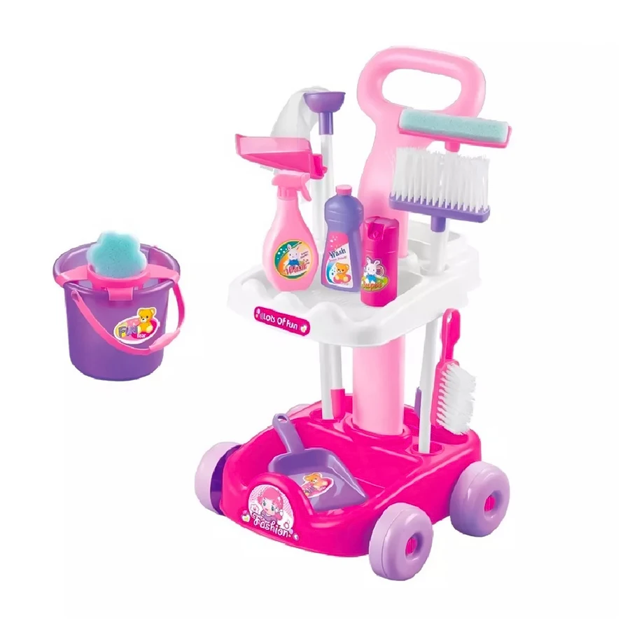 Home Pretend Play Preschool Cleaning Sweeping Tools Trolley Toy Set for Children Education