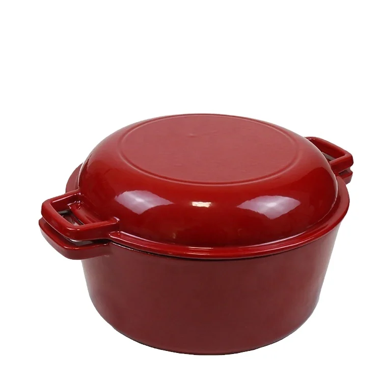 Red 2 in 1 Enameled Cast Iron Dutch Oven 5.5QT Enamel Dutch Oven with Skillet Lid Gas Induction Compatible