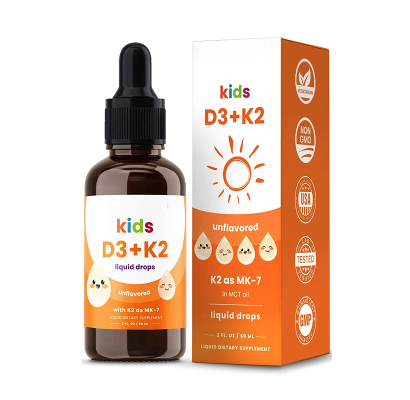 Kids Vitamin D 3 K2 Drops Liquid Vitamin D for Kids 1000 IU Sugar Free Supplement for Toddlers