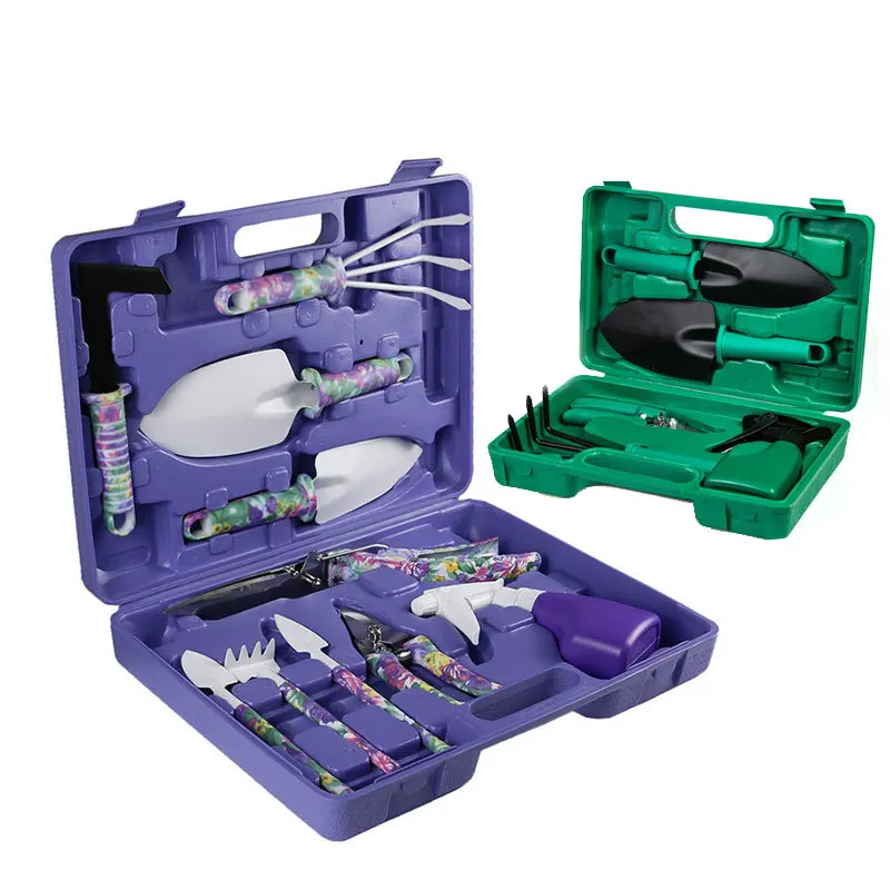 10Pcs Garden Tools Set Mini with Purple Floral Print for Planting Weeding Garden Hand Tools with Carrying Case