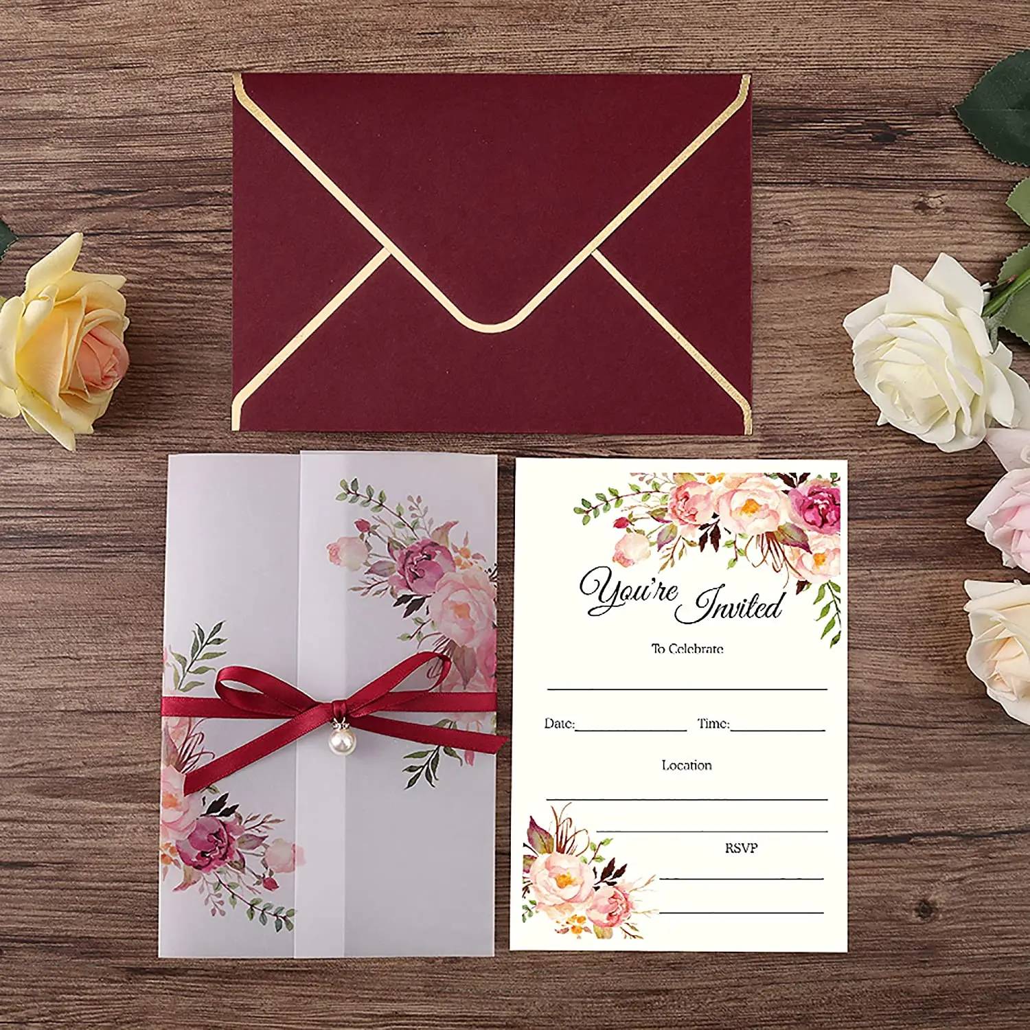 Burgundy Invitations Card Wedding with Envelopes Luxury Designs Custom for Bridal Shower Baby Shower Invitations Wedding