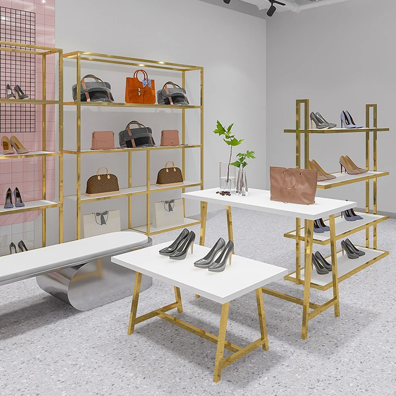White Nesting Tables Retail Store Display Metal Boutique Shoe Display Stands Racks Shoes And Bag Display Rack