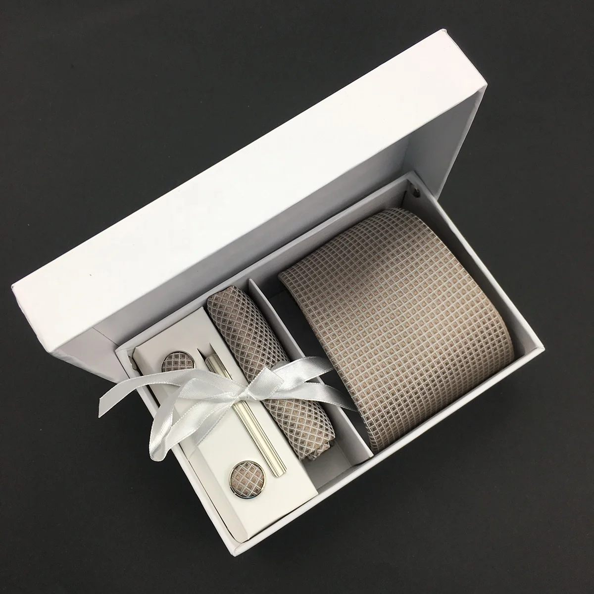Wholesale Custom Necktie Silk Woven Pocket Square Cufflinks Tie Bar Assorted Gift Geometric Neck Tie Light Brown Tie Set For Men