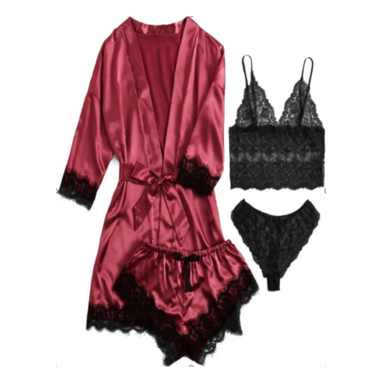 Women sexy lingerie sexy lace bathrobe pajamas set female four-piece large size wholesale underwear set