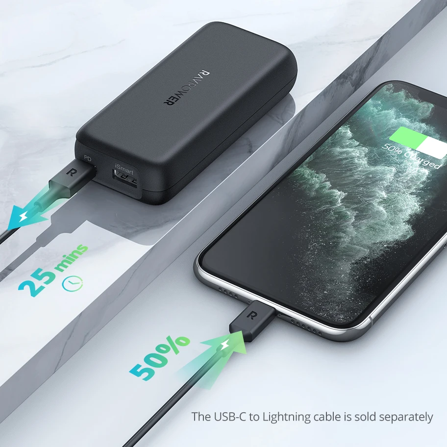 RAVPower Latest 10000 mAh 20W black powerbank mini power bank portable charger 10000mah USB+PD power bank with cable