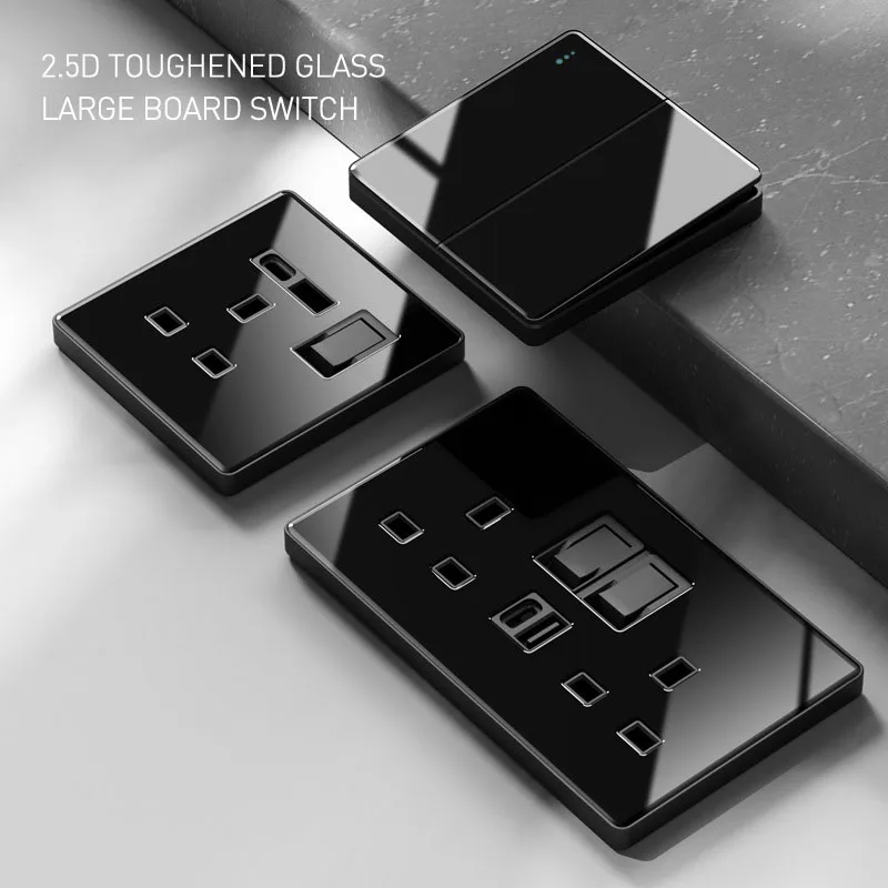 Home luxury wall charging power switch with usb wall outlet, speed switch electrical black glass lamp switch socket button