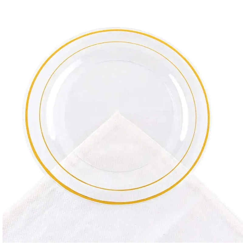 Disposable Transparent Silver Rimmed Heavy Duty Round Plastic Plates And Cutlery For Wedding Party