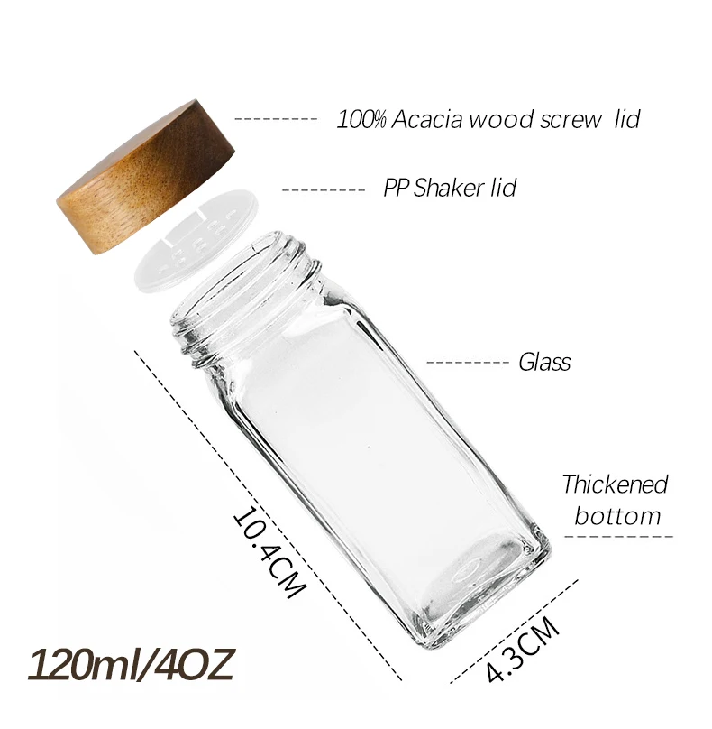 Top Seller 12 pcs 4oz 120ml Square Airtight Screw Wooden Caps Spice Glass Bottles jar Set with Shaker Lids and Labels