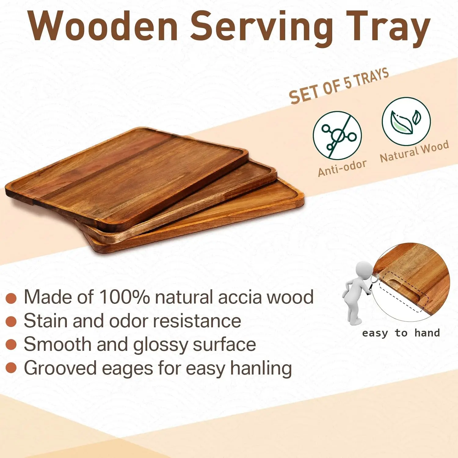 5 Pack Solid Acacia Wood Serving Trays Rectangular Wooden Serving Board for Food Appetizer Charcuterie Cheese Plates