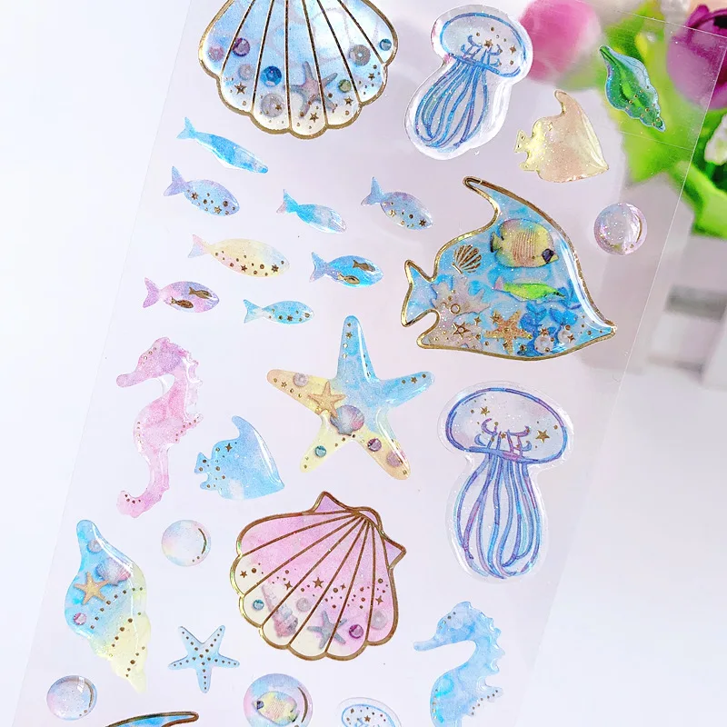 Crystal 3D Stickers Sea Creatures Small Fish Seashells Dolphins Whale Stickers Self adhesive Handbook Decorative Stickers