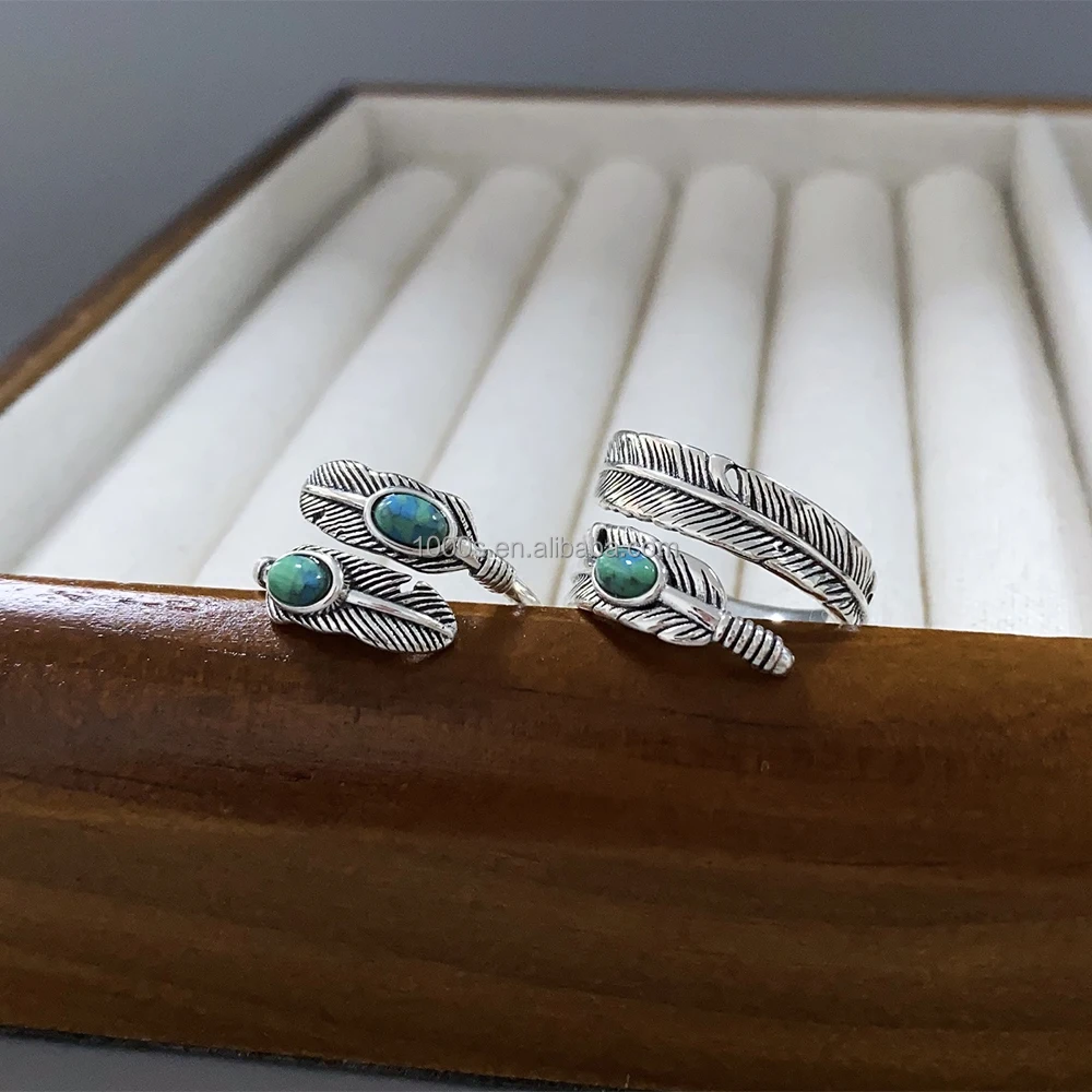Antique Silver Feather-Shape Jewelry Ring with Natural Turquoise Stone Retro Style For Unisex