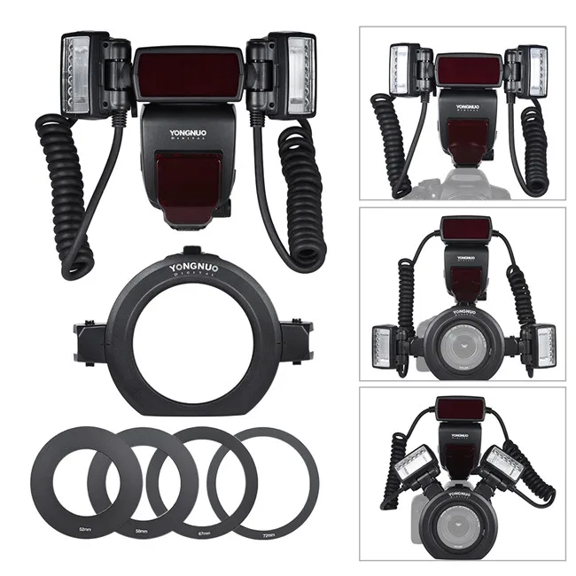 Yongnuo YN24EX YN24 EX E-TTL Twin Lite Macro Flash Ring Flash Speedlite for Canon Camera Dual 2pcs Flash Head 4pcs Adapter Rings