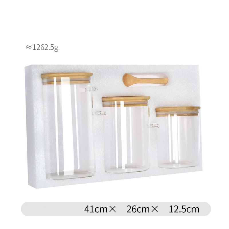 Transparent Glass Household Food Storage Jars with Bamboo Wood Lid Spoon for Salt Sugar Spice Pepper Seasoning for Hotels