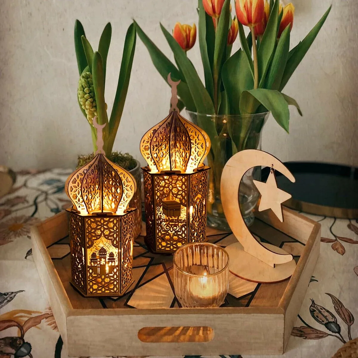 Kanlong Ramadan Wooden Handicraft Muslim Palace Lighted Gifts Decorative Lamp