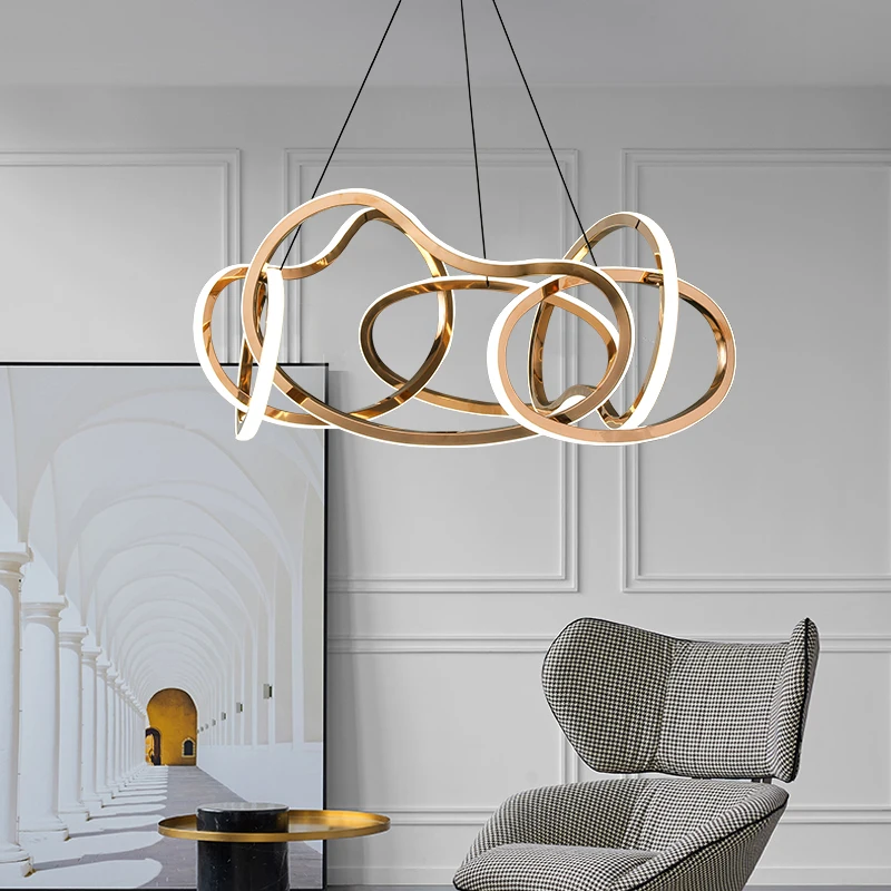HITECDAD luxury stainless steel round chandelier irregular hollow circle chandelier simple personality inside and outside  light